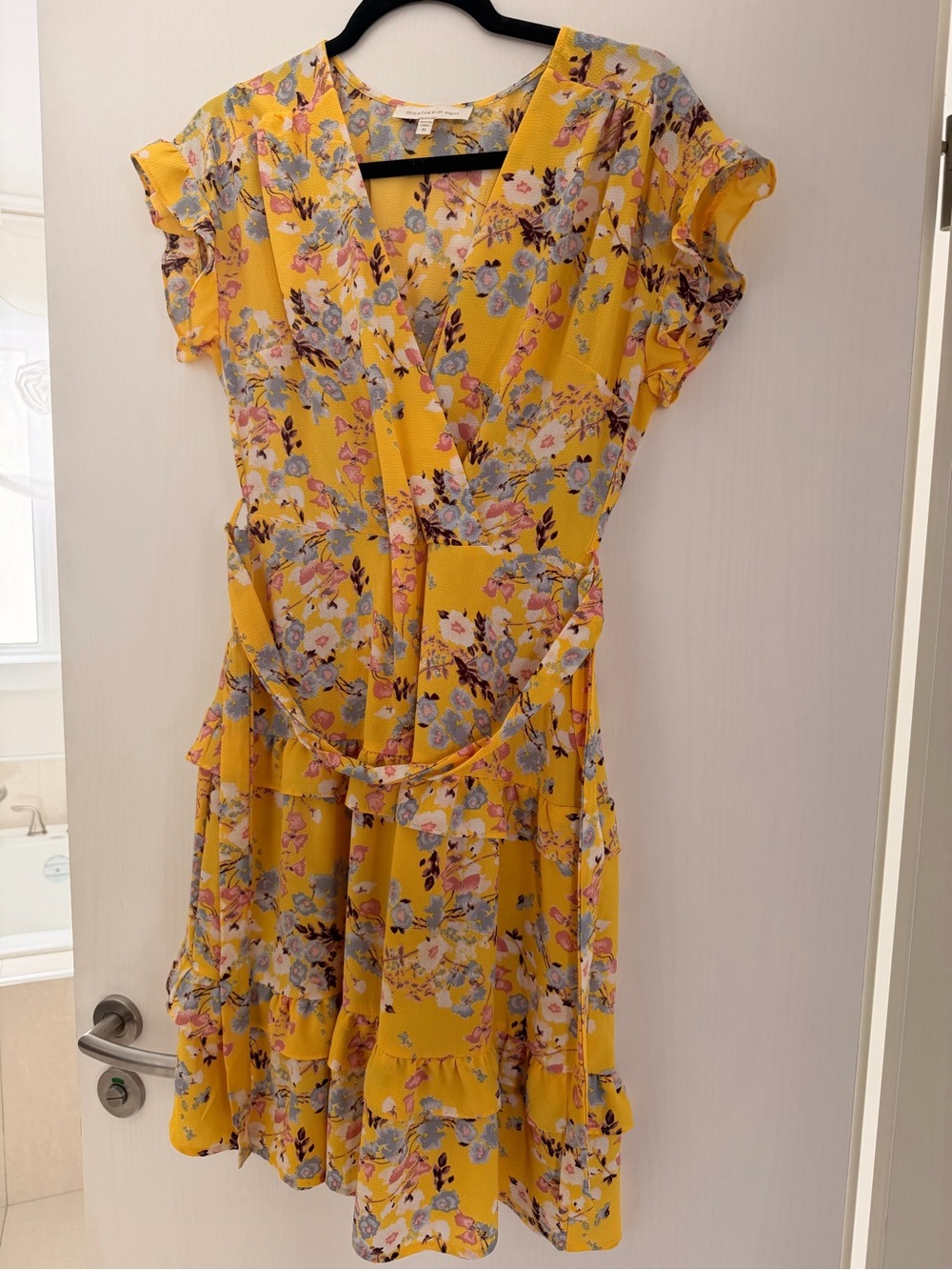 Yellow Floral Wrap Dress with Ruffle Hem